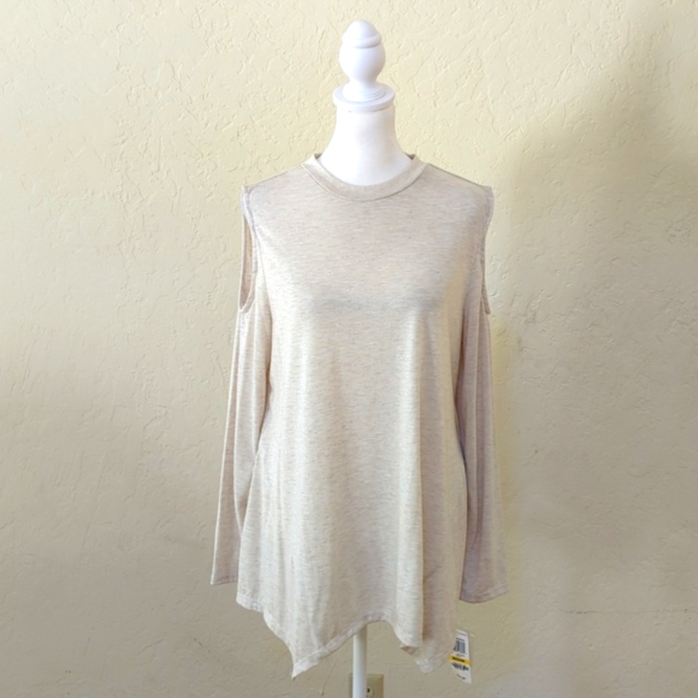 Style & Co Beige Speckled Shimmer Cold Shoulder Long Sleeve Top Size Medium - Picture 3 of 12
